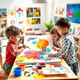 Niños colaborando en un proyecto de arte en la guardería