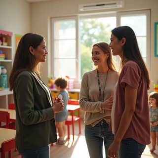 Padres hablando con una educadora en una guardería