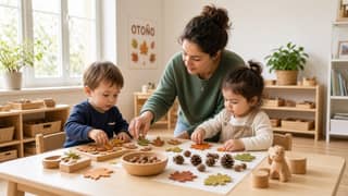 Educadora acompaña a pequeños en una sala luminosa de escuela infantil en Galicia en otoño