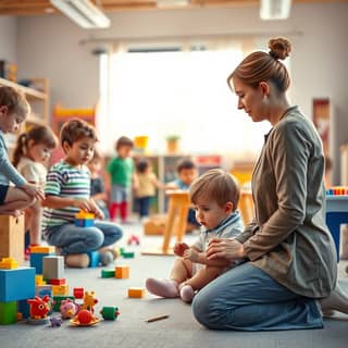 Educadora hablando con un niño después de una rabieta, enseñándole habilidades de autorregulación emocional