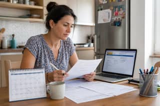 Madre revisando en casa la sede electrónica de matrícula escolar con formularios impresos y calendario de agosto
