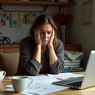 Padre o madre estresado intentando conciliar trabajo y cuidado infantil, con múltiples tareas superpuestas y una expresión de agotamiento en un hogar desordenado.