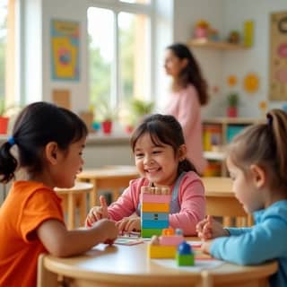 Niños de diversas etnias jugando felices y aprendiendo en un aula luminosa de guardería en España, con educadoras atentas en el fondo.
