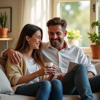 Una pareja de padres relajados, sonriendo y tomando café en un ambiente luminoso y ordenado, mientras su hijo está en la guardería, simbolizando la conciliación.