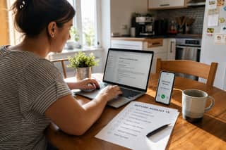 Madre preparando email con consultas urgentes para la guardería antes del cierre de agosto