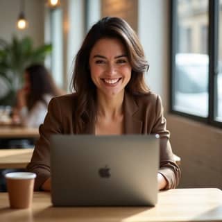 Madre sonriendo mientras trabaja en su ordenador portátil en una cafetería, con un ambiente luminoso y moderno.