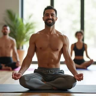 Padre joven sonriendo mientras participa en una clase de yoga en un estudio moderno y luminoso, con otros adultos.