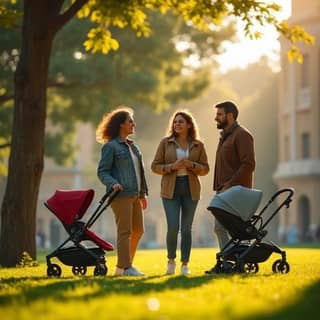 Grupo diverso de padres y madres conversando y riendo animadamente en un parque soleado en España, con carritos de bebé cerca.