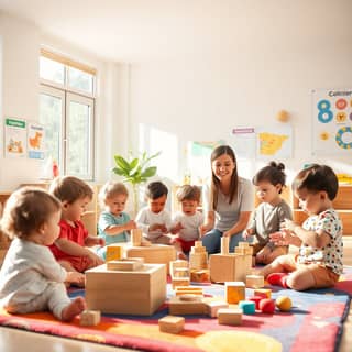 Niños jugando en una guardería con ambiente cálido y acogedor