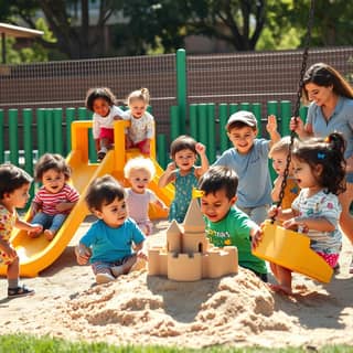 Grupo de niños de diferentes edades jugando juntos en una guardería al aire libre