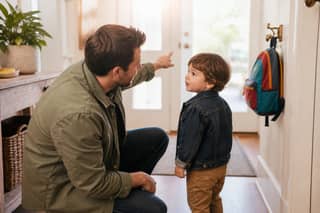 Padre hablando con calma a su hijo pequeño en el pasillo de casa, señalando la mochila antes de empezar la guardería en septiembre