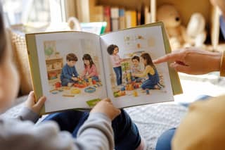 Manos de un adulto y un niño pequeño leyendo juntos un cuento ilustrado sobre la guardería en un rincón de lectura en casa