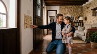 Padre practicando en casa un ritual breve de despedida con su hija antes de empezar la guardería en septiembre