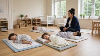 Pequeños descansando en esterillas durante la siesta en un aula de guardería con supervisión de la educadora