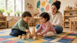 Dos pequeños jugando juntos con bloques de madera en un aula de guardería mientras la educadora supervisa con calma