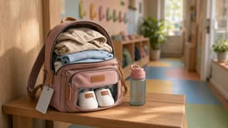 Mochila del peque preparada con ropa de otoño en capas y calzado etiquetado para la cuarta semana en la guardería