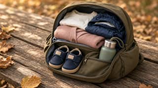 Mochila del peque preparada con ropa de otoño en capas y calzado etiquetado para la cuarta semana en la guardería