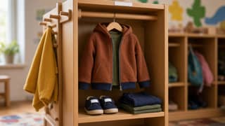 Cubículo de guardería con ropa de otoño en capas, calzado de interior etiquetado y mochila preparada
