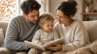 Familia leyendo un cuento tranquilo en el salón durante el festivo de La Mercè