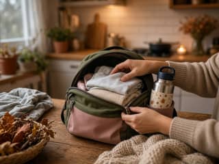 Preparación de la mochila de la guardería en la cocina un viernes por la tarde antes del fin de semana