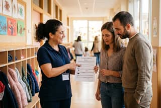 Padres revisando el parte diario sobre comidas con una educadora en el pasillo de la escuela infantil durante la recogida