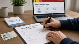 Adulto firmando documentación de matrícula escolar con DNI y cartilla de vacunas sobre un escritorio antes del plazo del miércoles 9 de septiembre