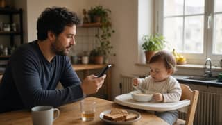Padre revisando el parte diario de la guardería en el móvil durante el desayuno del miércoles por la mañana