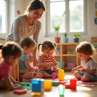 Niños de diversas etnias y géneros jugando juntos en una guardería moderna y luminosa en España, con una educadora sonriendo al fondo.