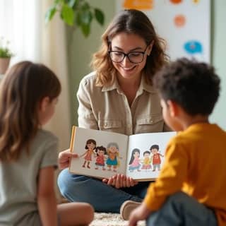 Una educadora infantil de etnia española, con gafas y una sonrisa amable, lee un cuento a un grupo diverso de niños sentados en el suelo de una guardería, mostrando un libro con ilustraciones de diferentes tipos de familias.