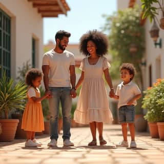 Una familia diversa (madre, padre y dos hijos de diferentes etnias) interactuando alegremente con otros padres y niños en el patio de una guardería en España durante un evento escolar, con arquitectura tradicional española de fondo.