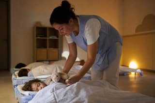 Rincón de siesta en una escuela infantil con camitas individuales y mantas