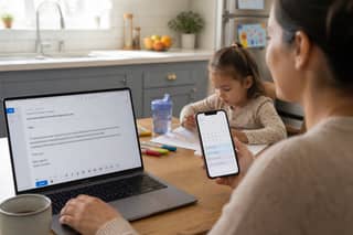 Madre enviando por email la documentación de matrícula de guardería desde un portátil en casa