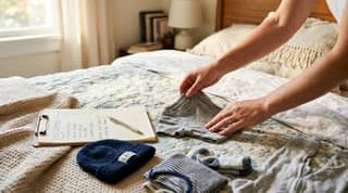 Padre doblando ropa infantil etiquetada sobre la cama con una lista de comprobación, luz de mañana en un dormitorio familiar
