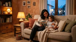 Padre leyendo un cuento corto a su hijo pequeño en el sofá, luz cálida de lámpara, ambiente tranquilo de domingo por la noche antes de la adaptación