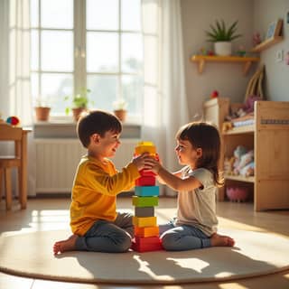 Dos hermanos, un niño de 4 años y una niña de 2 años, construyendo una torre de bloques juntos en una sala de juegos luminosa con mobiliario infantil de madera en un hogar español.