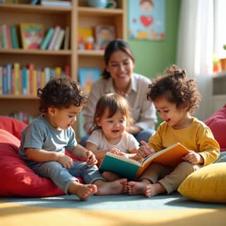 Un grupo de niños pequeños, incluyendo una pareja de hermanos, jugando alegremente en un rincón de lectura de una guardería moderna y colorida en España, con una educadora sonriendo en segundo plano.