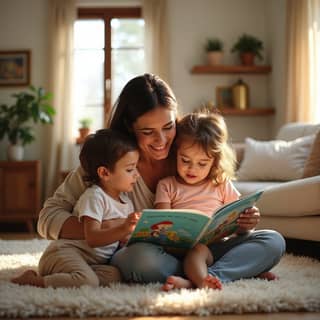Una madre joven española sentada en el suelo, riendo y leyendo un libro ilustrado a sus dos hijos pequeños, un niño y una niña, en un salón acogedor y bien iluminado de un hogar moderno.