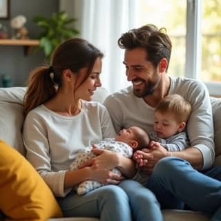 Familia feliz con un bebé y un niño mayor jugando en un salón luminoso en España