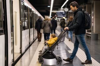 Padre subiendo al metro con cochecito y peque de camino a la escuela infantil por la mañana