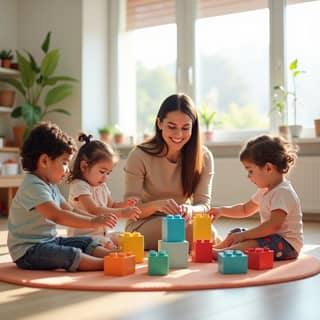 Grupo de niños pequeños riendo y jugando con bloques de colores en una sala luminosa de guardería en España, supervisados por una educadora sonriente.