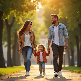 Familia feliz de tres personas (padre, madre, hijo pequeño) caminando de la mano por un parque soleado en España, sonriendo y mirando hacia adelante.