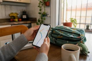 Padre planificando la ruta a la guardería con el móvil y un mapa de navegación en la mesa del desayuno