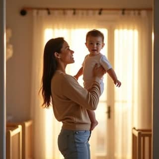 Madre sonriente con su bebé en brazos despidiéndose en la entrada de una guardería moderna y luminosa en España.