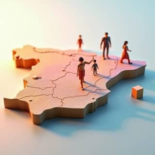 Mapa de España con diferentes iconos representando familias felices y guarderías en cada comunidad autónoma, destacando la diversidad de ayudas fiscales.