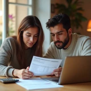 Padres jóvenes revisando documentos y facturas de guardería en su hogar, con un ordenador portátil abierto y una calculadora, en un ambiente acogedor.