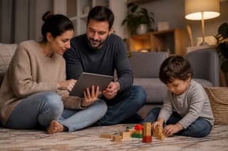 Familia repasando en calma el checklist del domingo antes del primer lunes de adaptación en la guardería