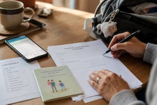 Padre organizando en casa documentos de matrícula, calendario de agosto y checklist de la guardería antes de ir a secretaría