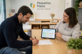 Padre firmando formularios en la recepción de una escuela infantil mientras la educadora muestra el calendario de adaptación de septiembre