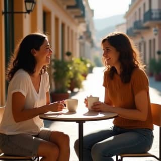 Dos madres riendo y tomando café en una terraza soleada mientras sus hijos están en la guardería, simbolizando el tiempo libre recuperado.