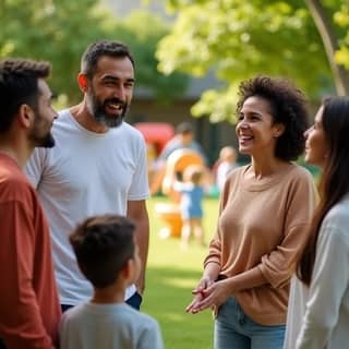 Un grupo diverso de padres y madres conversando animadamente en un evento de la guardería al aire libre, con niños jugando en segundo plano.